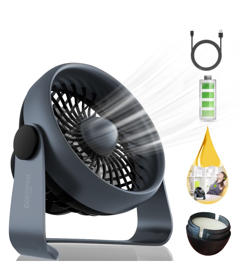 Houselog USB Desk Fan, Mini and Portable, USB Powered and Rechargeable Battery Operated, Quiet and Small Essential Oil Diffuser for Office and Home, Black