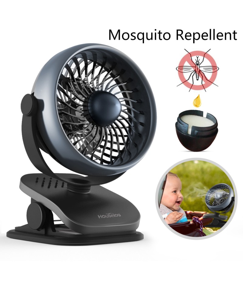 Houselog Clip-on Stroller Fan, Mosquito-Repellent, Essential-Oil-Diffused and Rechargeable Battery -Operated Accessory for Urbini, Uppababy, Graco, Britax, etc.