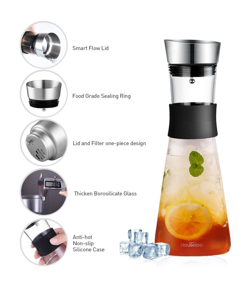 Borosilicate Glass Pitcher with Stainless Steel Flow Lid Heat Resistant Water Wine Beverage Decanter Milk Fruit Infusion Cold Brew Coffee Iced Tea Juice Infuser 1L/34 Oz-Bonus A Cleaning Brush