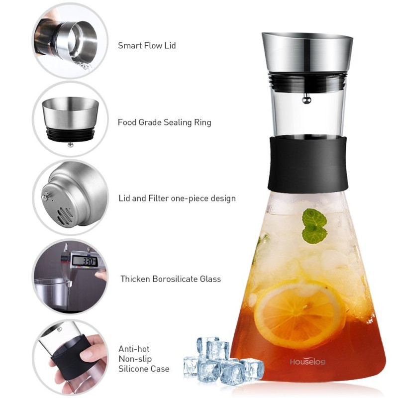 Borosilicate Glass Pitcher with Stainless Steel Flow Lid Large Beverage Decanter Heat Resistant Water Wine Milk Fruit Infusion Cold Brew Coffee Iced Tea Juice Infuser 1.5L/51 Oz-Bonus A Cleaning Brush