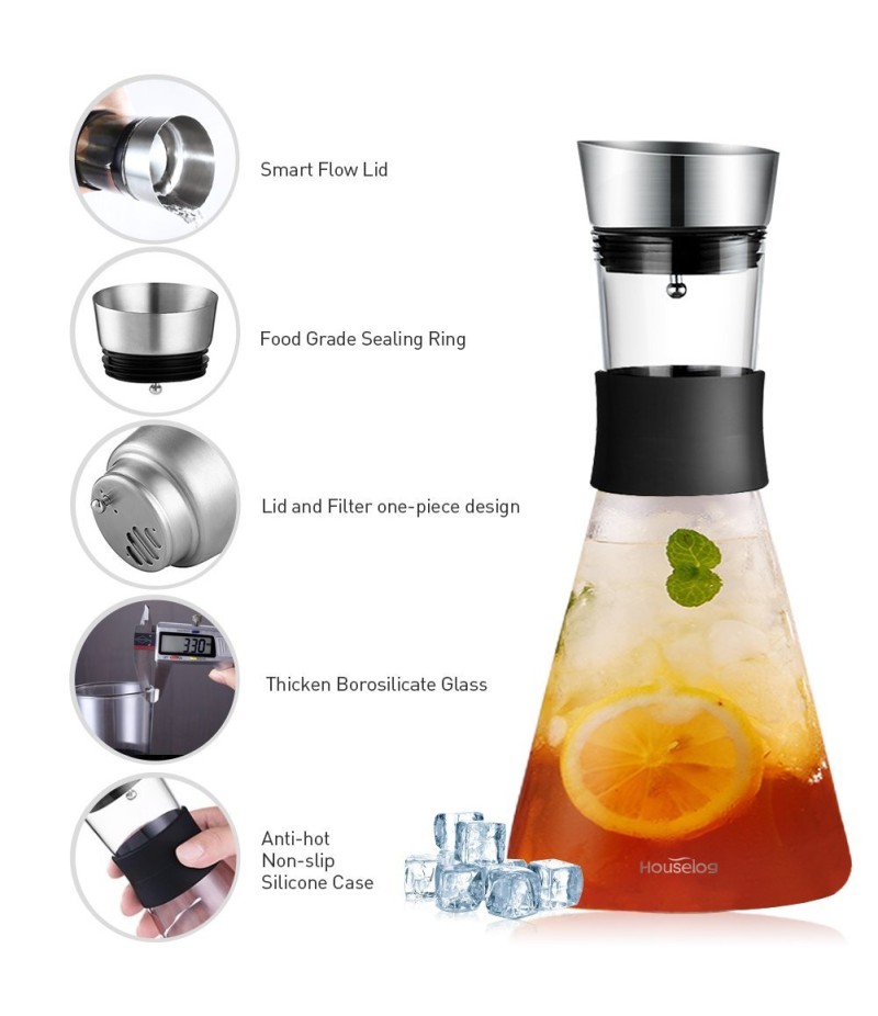 Borosilicate Glass Pitcher with Stainless Steel Flow Lid Large Beverage Decanter Heat Resistant Water Wine Milk Fruit Infusion Cold Brew Coffee Iced Tea Juice Infuser 1.5L/51 Oz-Bonus A Cleaning Brush